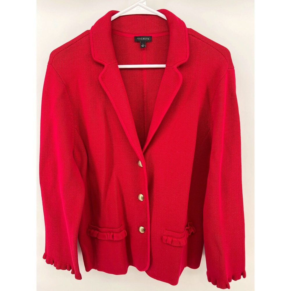 Talbots Knit Blazer Cardigan Women's L Red Ruffle Gold Buttons Preppy Old Money
